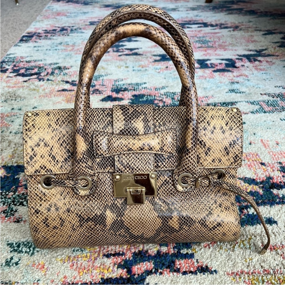 Jimmy Choo Rosalie Python-Embossed Handbag Tan Snake Print Satchel - Picture 8 of 15